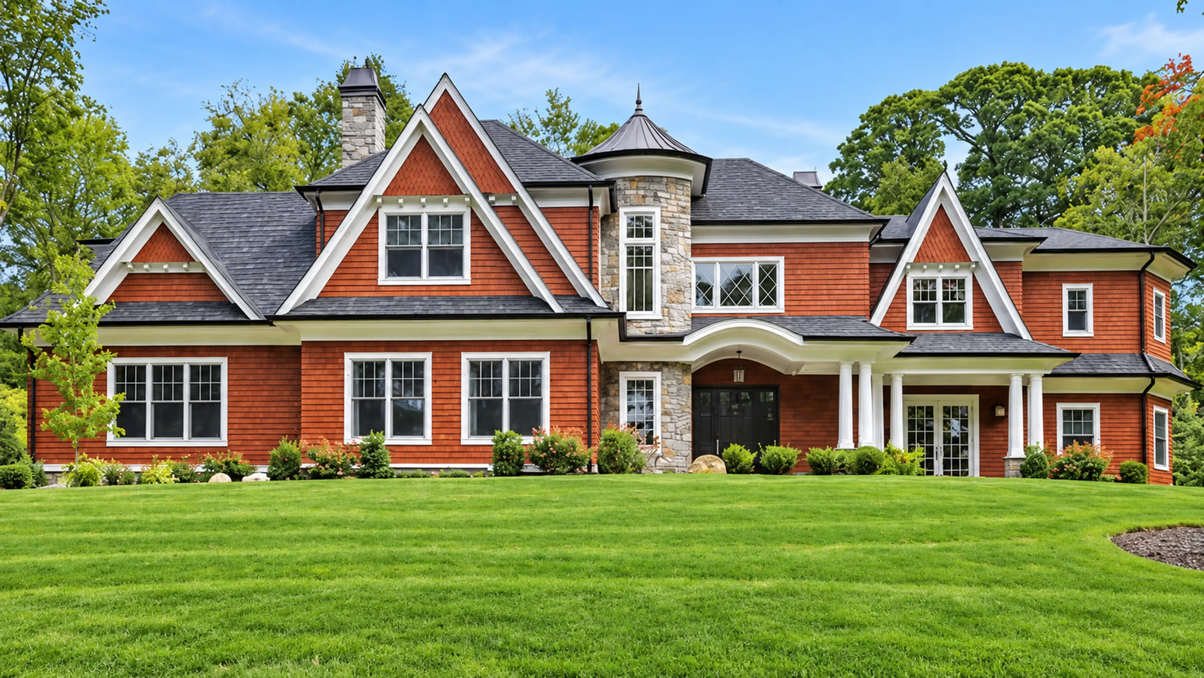 Cedar-clad residence with a broad lawn