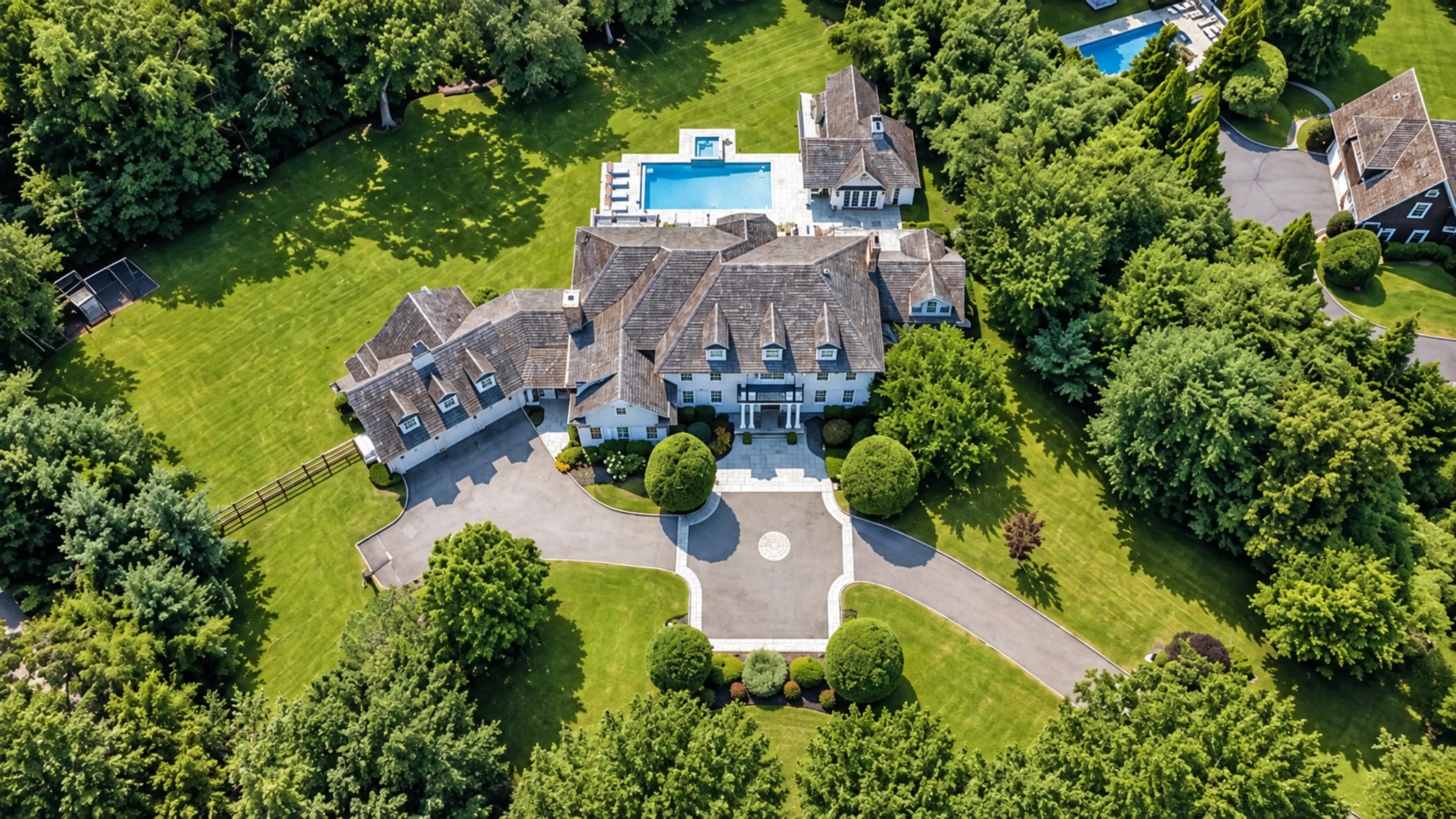 Aerial view of a large white residence with a formal forecourt and a pool