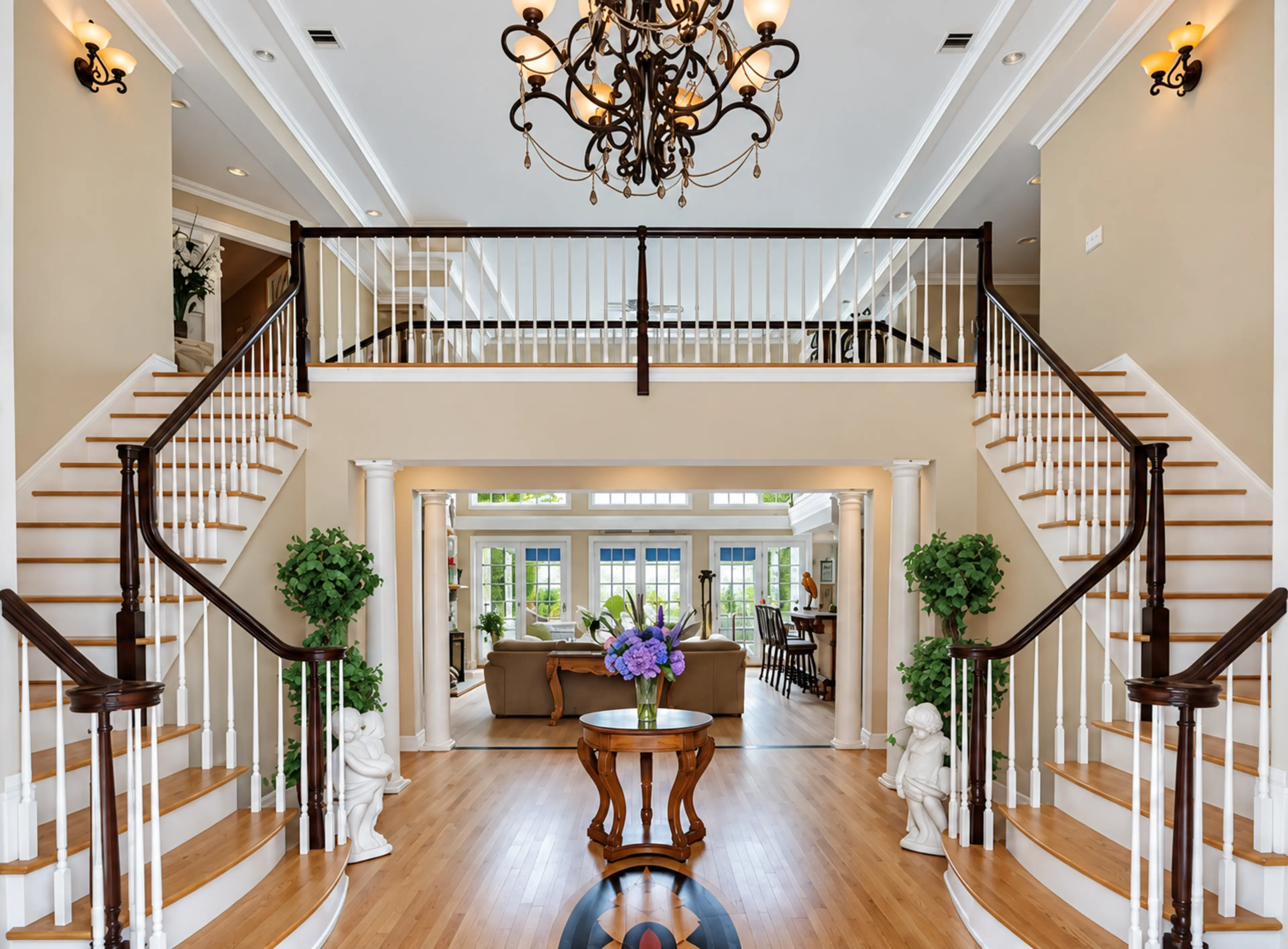 Double-height entrance hall with a pair of staircases and central chandelier