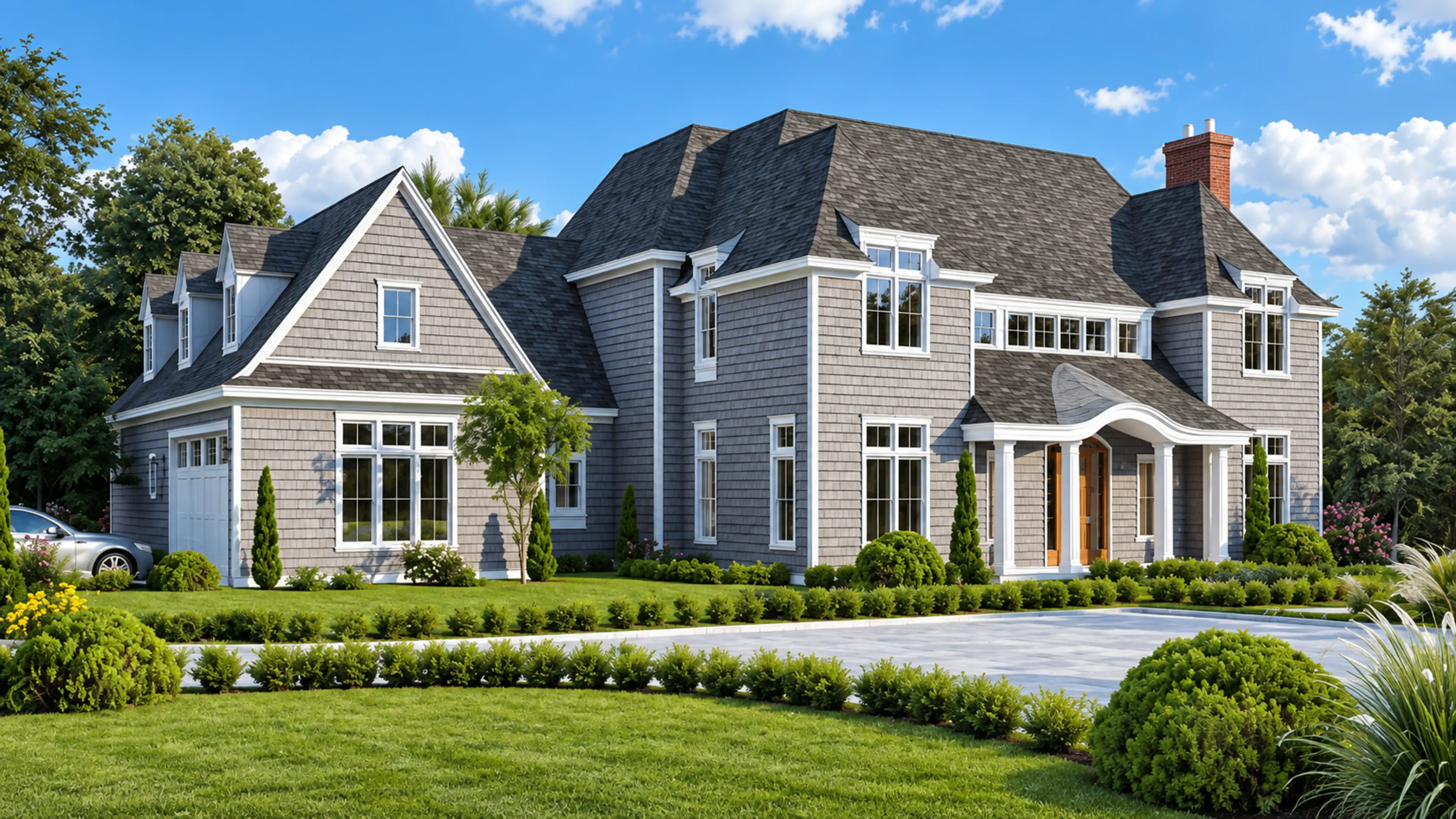 Shingle-style residence with a landscaped front entry