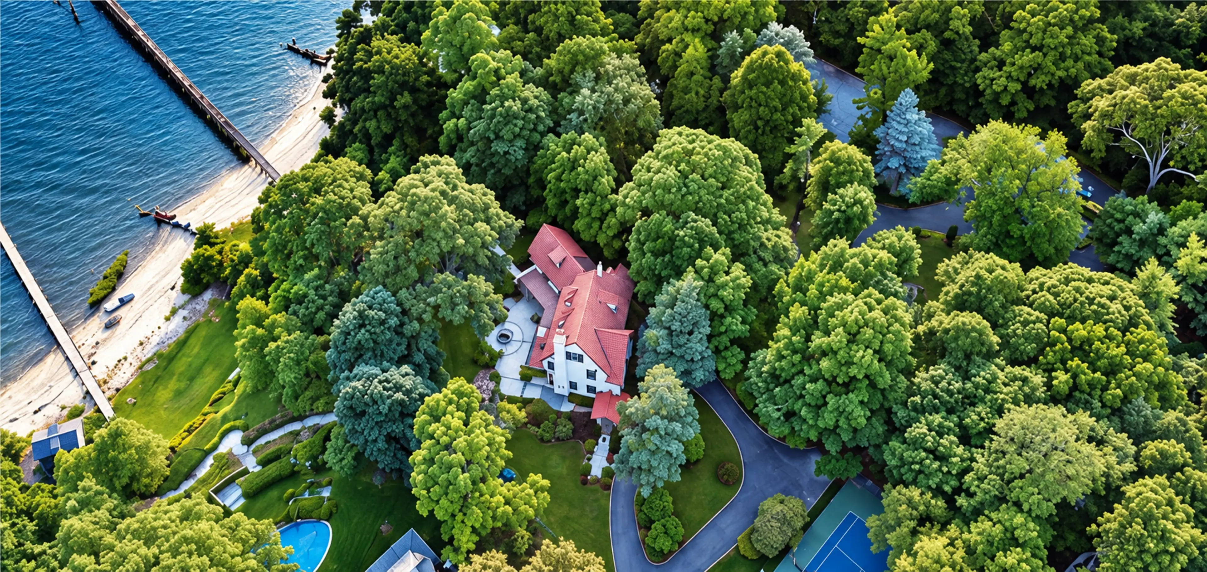 Aerial view of a home among mature trees